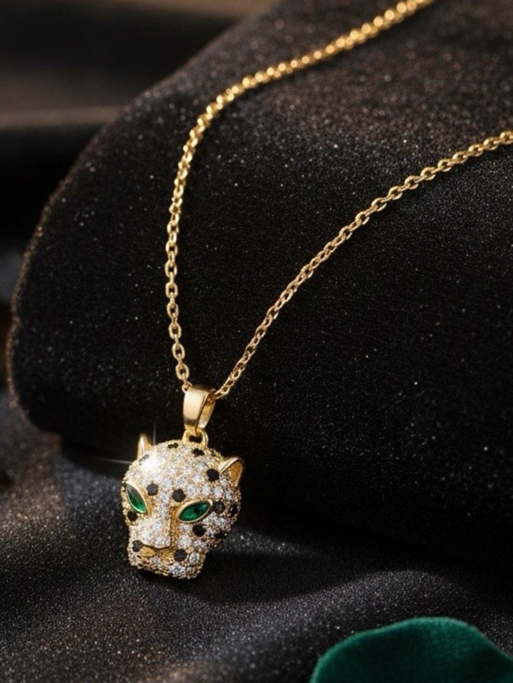 Luxe Iced Out Panther Head Necklace Emerald Green Eyes Designer Inspired Glam